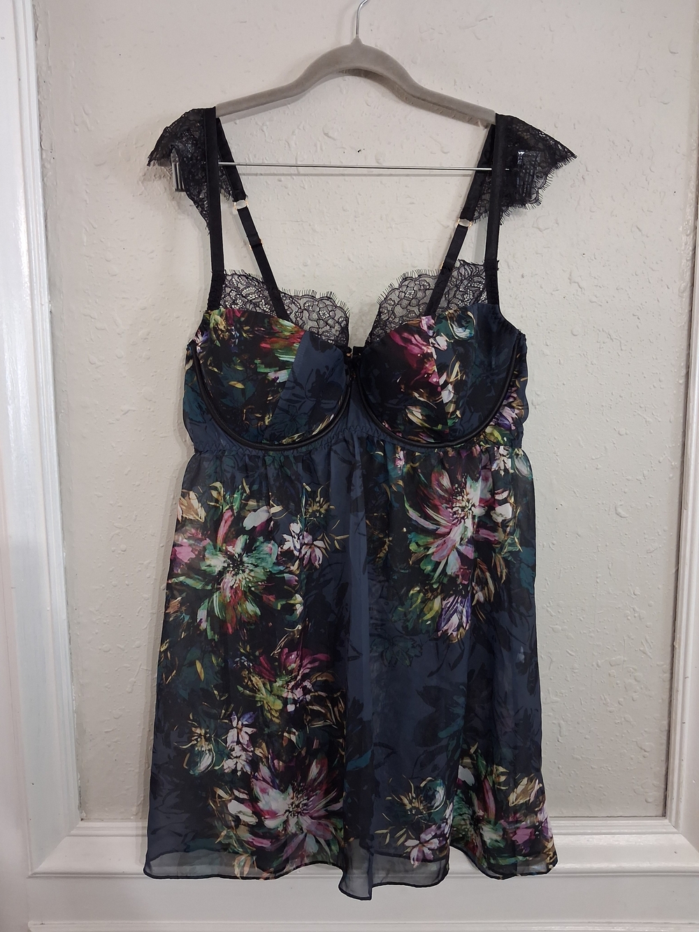Cacique Black Floral Lace-Trim Babydoll Chemise